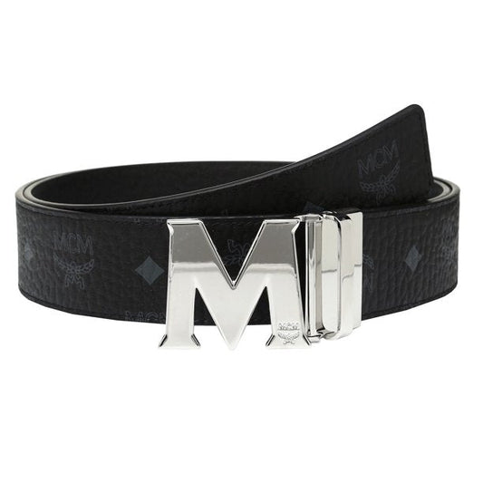 MCM Reversible Visetos Monogram Buckle Black Leather Belt for Men