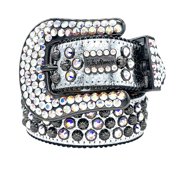 B B Simon Lavasan Silver Crystal Embellished Leather Belt Dazzling Luxury Accessory