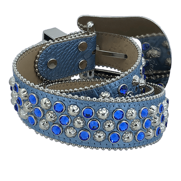 B B Simon Blue Lavasan Crystal Studded Leather Designer Fashion Belt