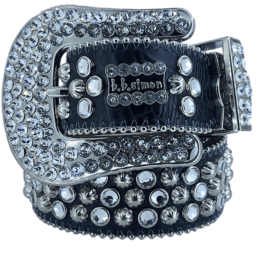 Premium B B Simon Lavasan Black Crystal-Embellished Genuine Leather Belt